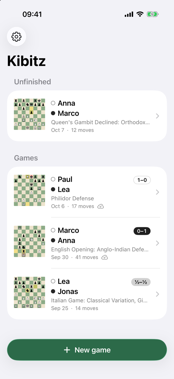 The Kibitz game list: an unfinished game and three finished ones, each with a small board, the players, the opening and the result.
