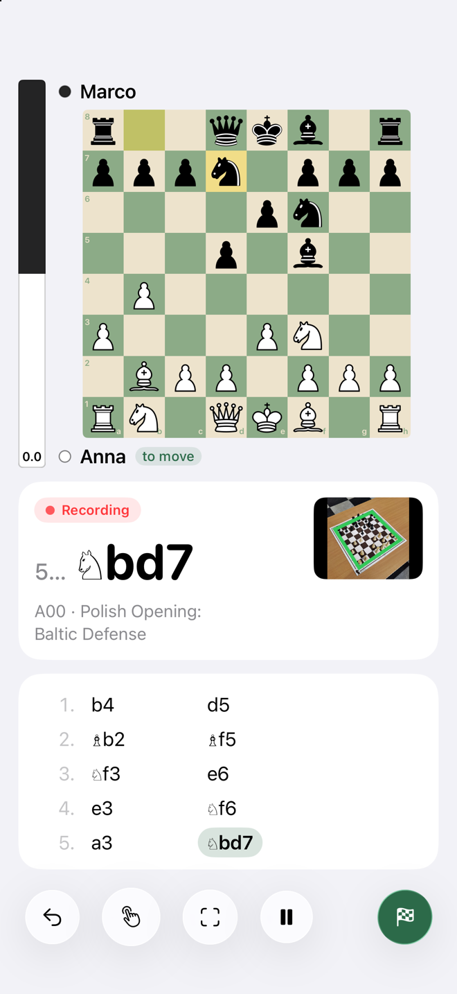 Kibitz recording a game: the current position on a green board, the last move 5…Nbd7 in large type, the opening name, a small camera preview of the real board and the move list.