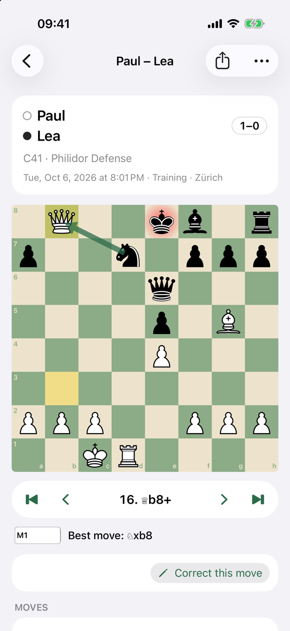 Reviewing a game: the board after 16. Qb8+ with an arrow showing the best reply, the evaluation reading mate in one, and buttons to step through the moves.